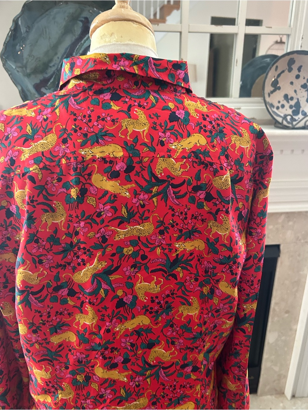 J. Crew Red Multicolor Jungle Cat Floral Silk-Twill Shirt - Picture 9 of 11